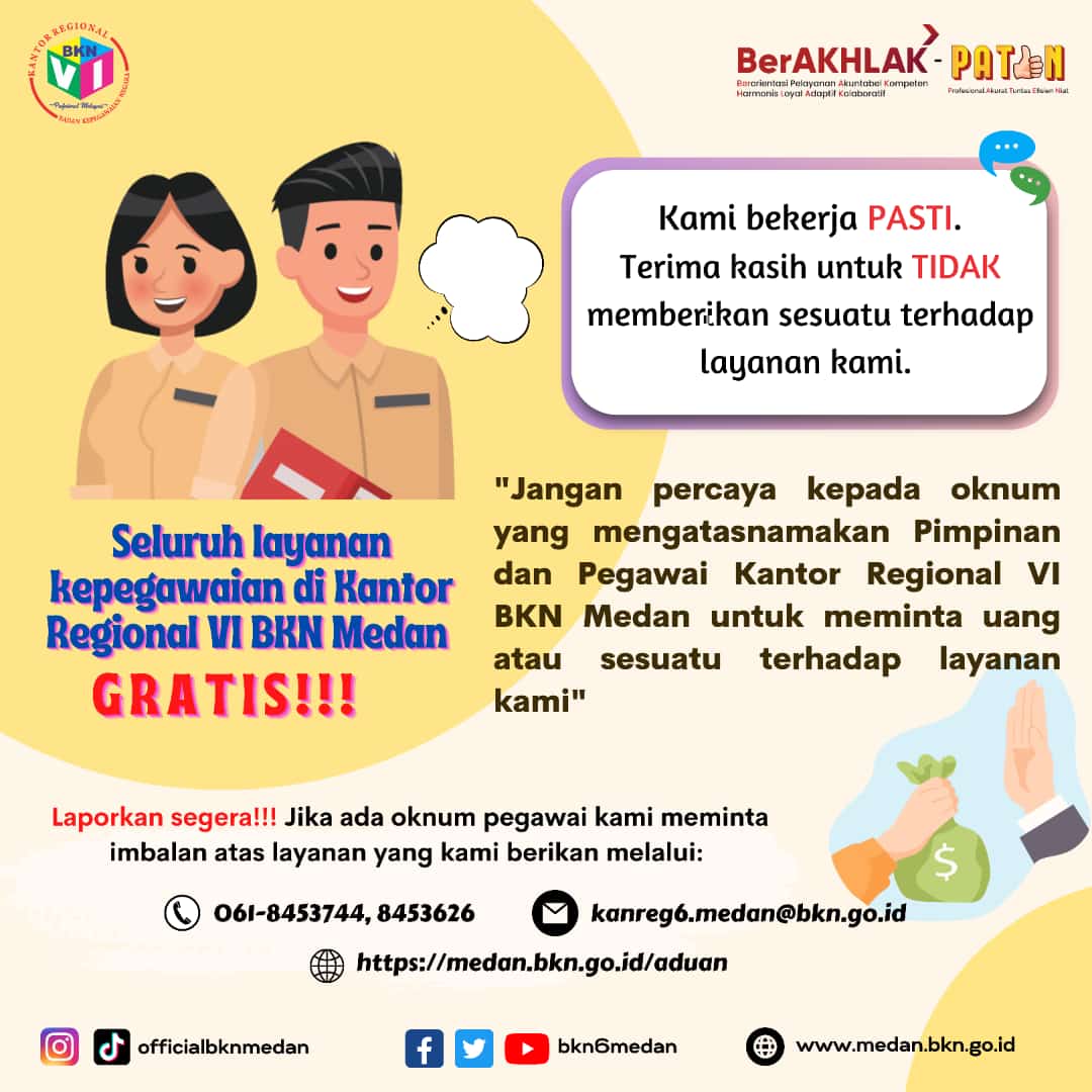 Seluruh Layanan Kepegawaian di Kantor Regional VI BKN Medan GRATIS!!!